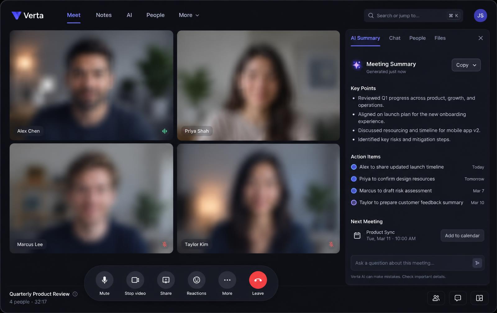 Nexmeet meeting interface with video grid, controls and AI summary panel